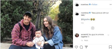 Noah Centineo's photo with Lily Collins and a little baby with a cheeky caption.